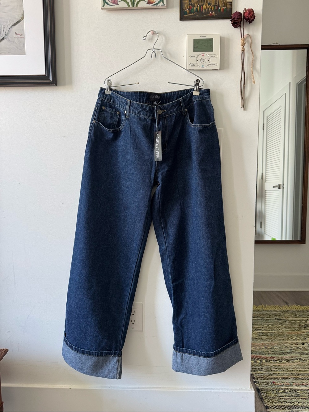 Dolls Kill Bella Dark Blue Wide Leg Cuffed Jeans
